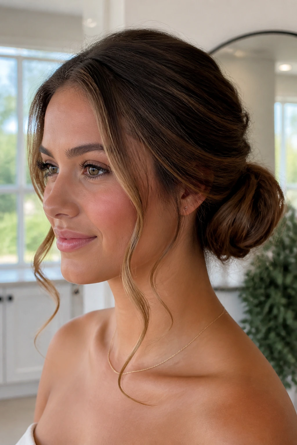 Real woman with soft chignon and face-framing pieces in a cozy salon