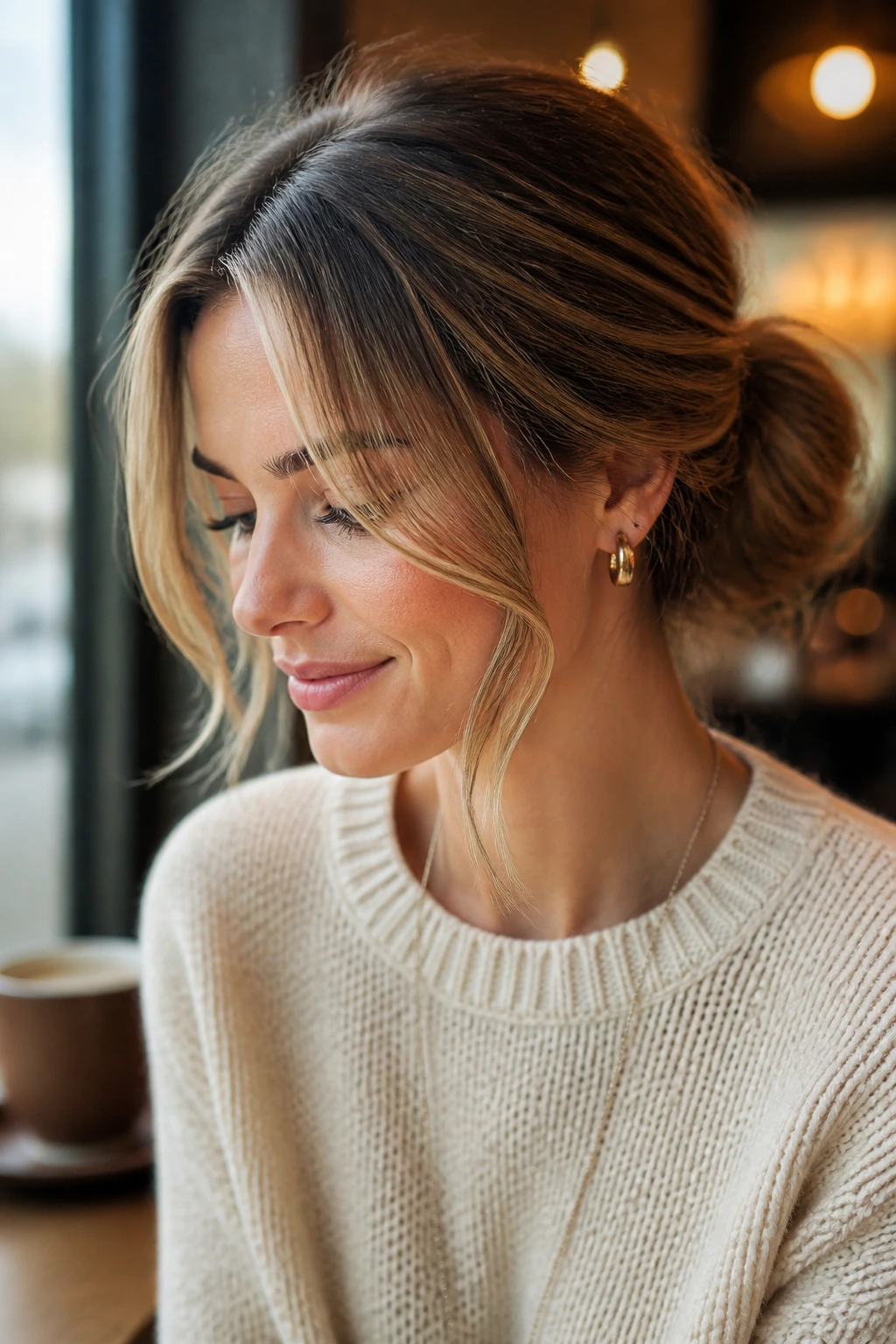 Real woman with soft chignon and face-framing pieces in a cafe setting