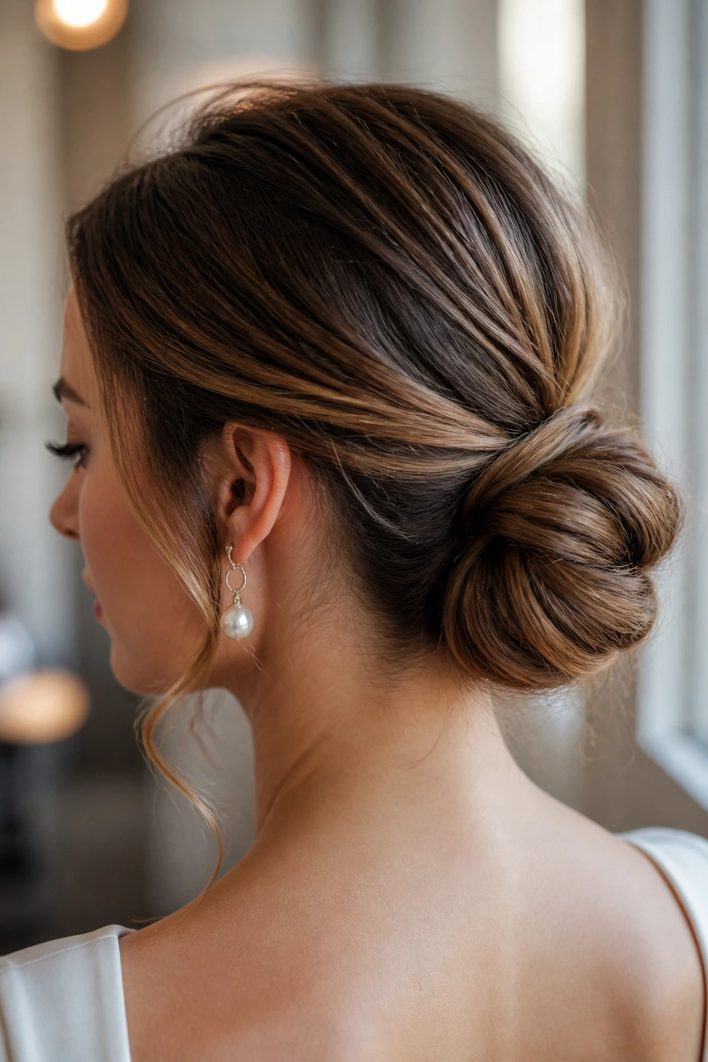 Portrait of a woman wearing a soft chignon with gentle crown lift