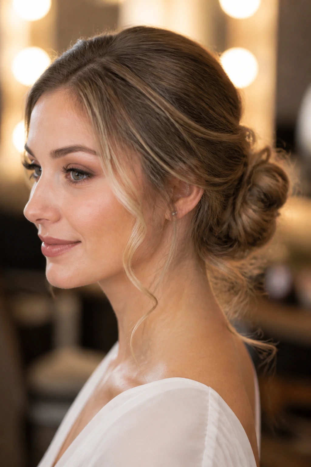 Close-up of low chignon with tendrils curling at temples