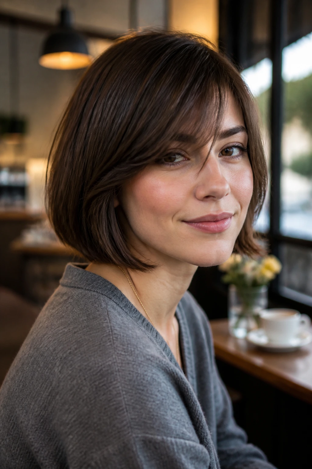 Close-up of real woman with soft chin-length bob bangs