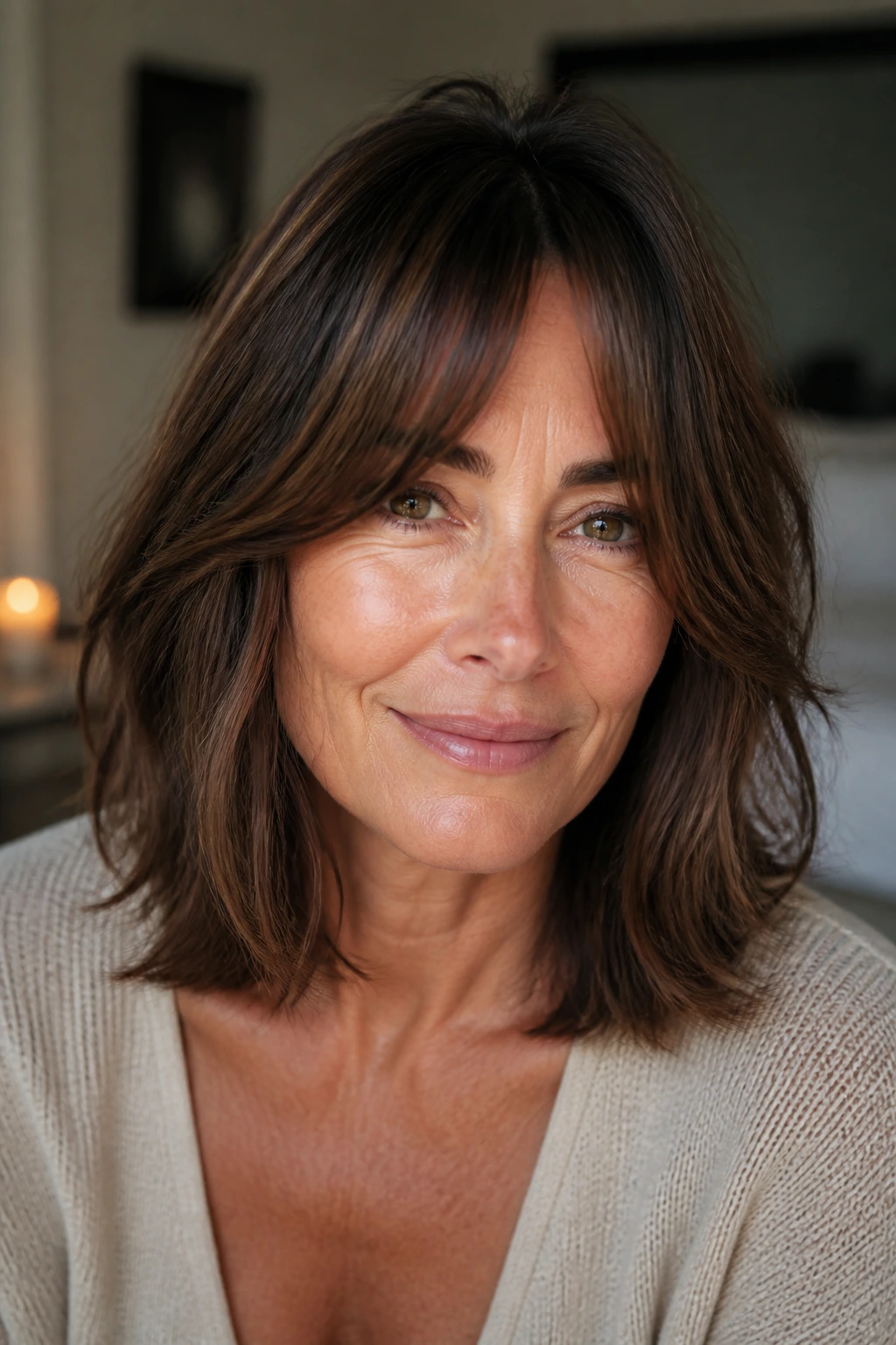 Close-up of a woman with a chocolate lob and curtain bangs