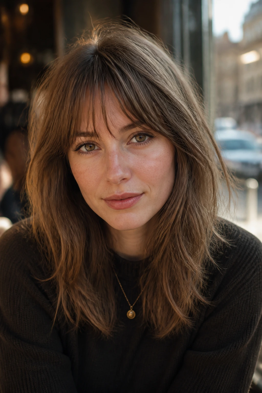 Close-up portrait of a woman with soft-choppy fringe in warm cafe light