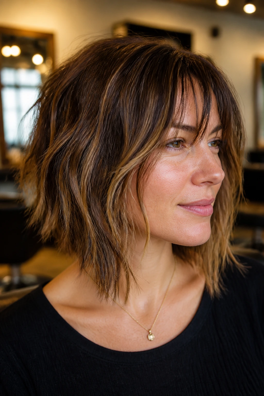 Portrait of a real woman with a soft choppy haircut around the jawline