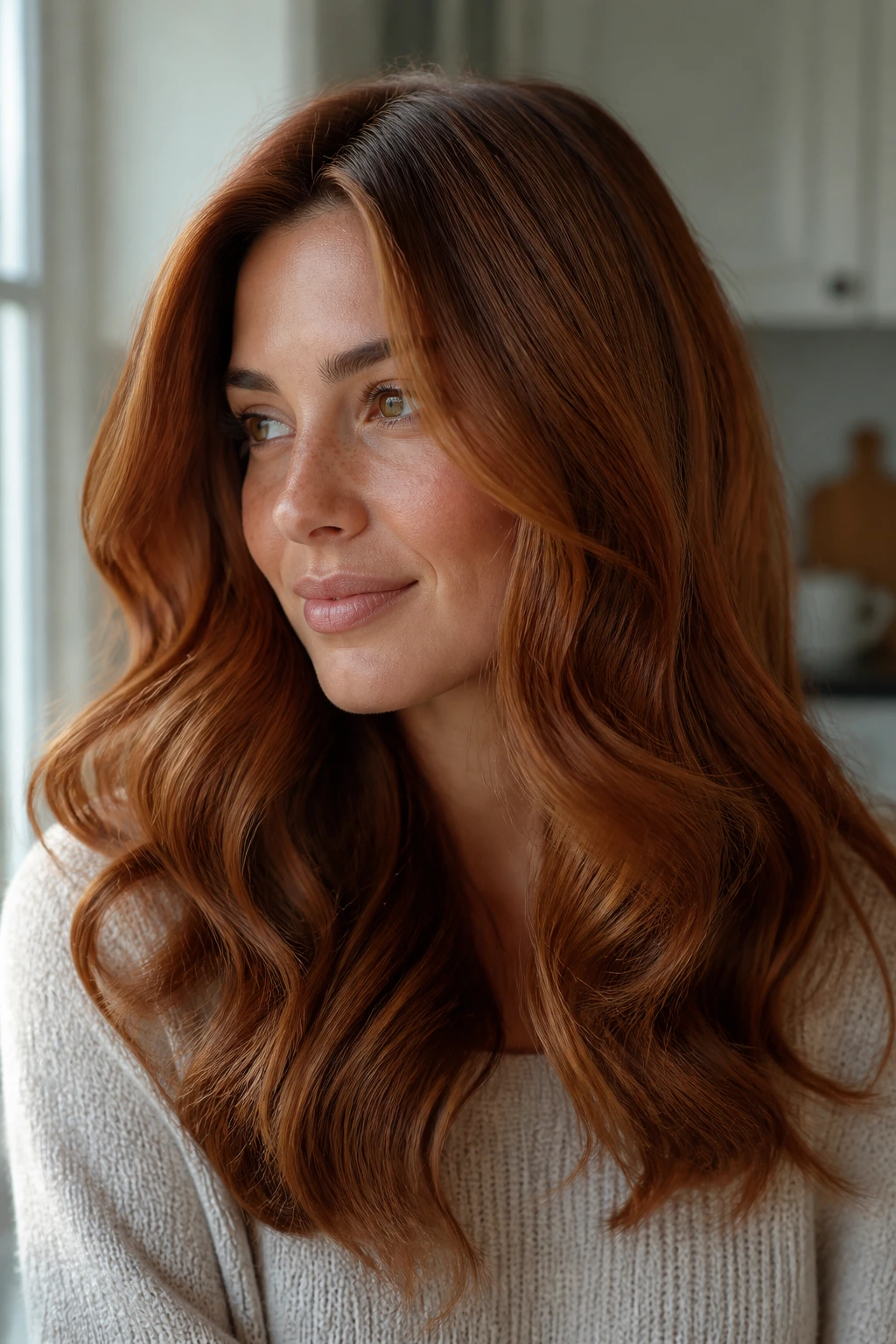 Close-up of a woman with soft cinnamon auburn hair, warm and natural.