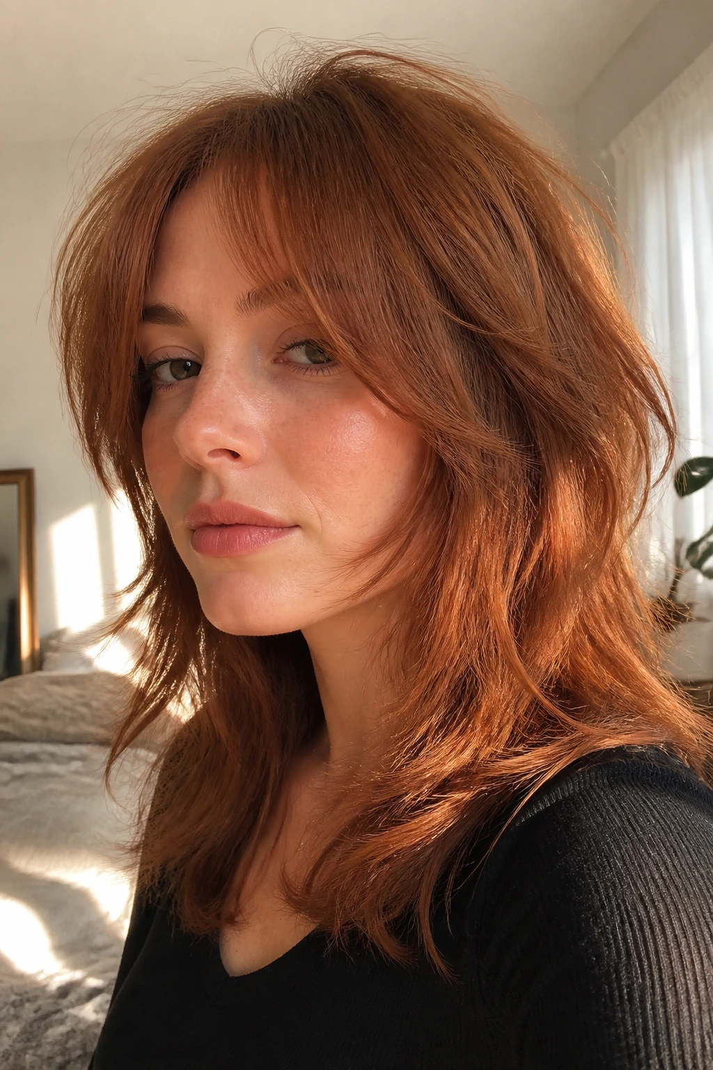 Close-up portrait of a real person with soft cinnamon copper wolf cut
