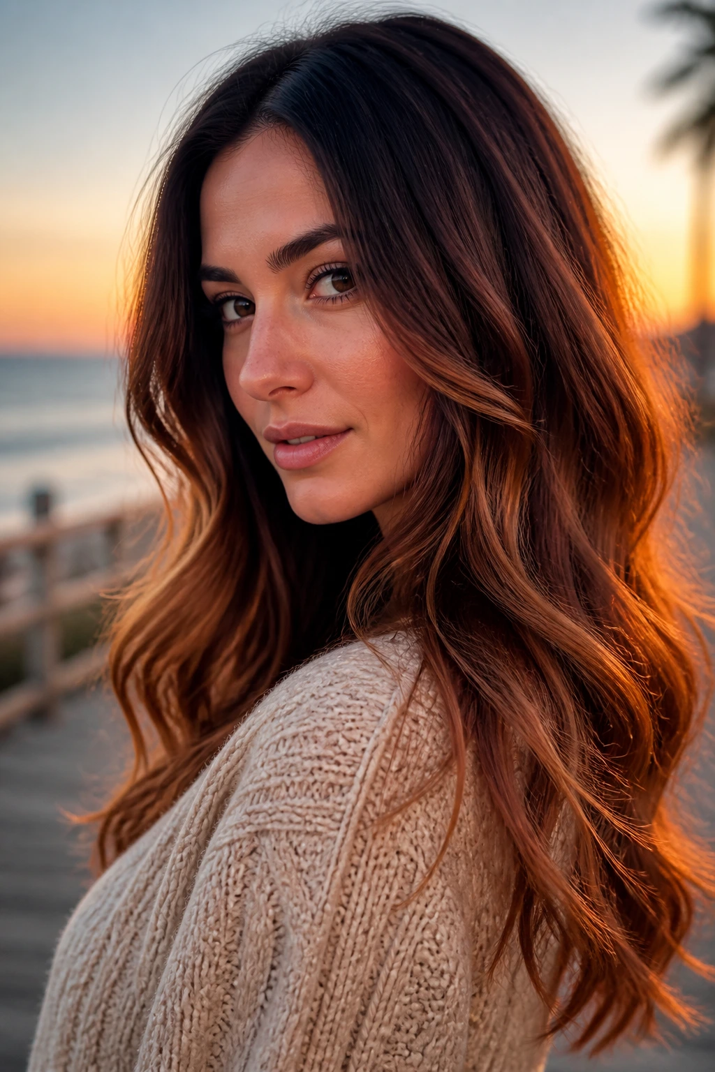 Close-up of real woman with soft cinnamon ombré hair gradient.
