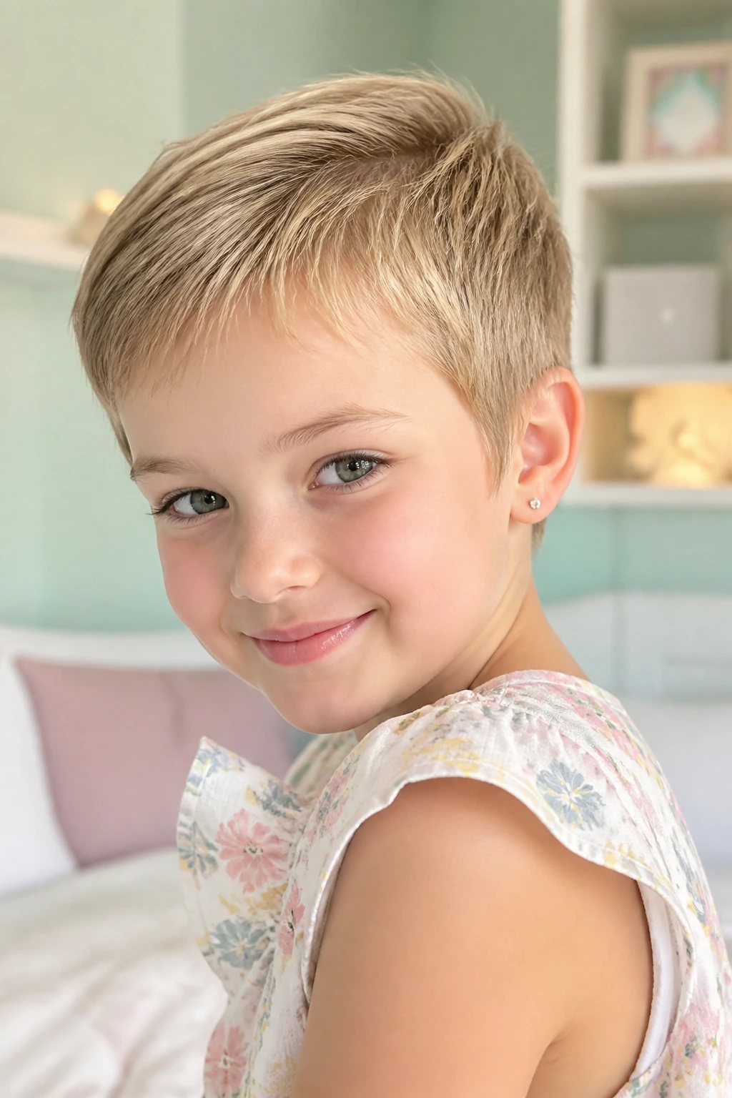 Close-up of a child with soft classic pixie showing gentle fringe above brows