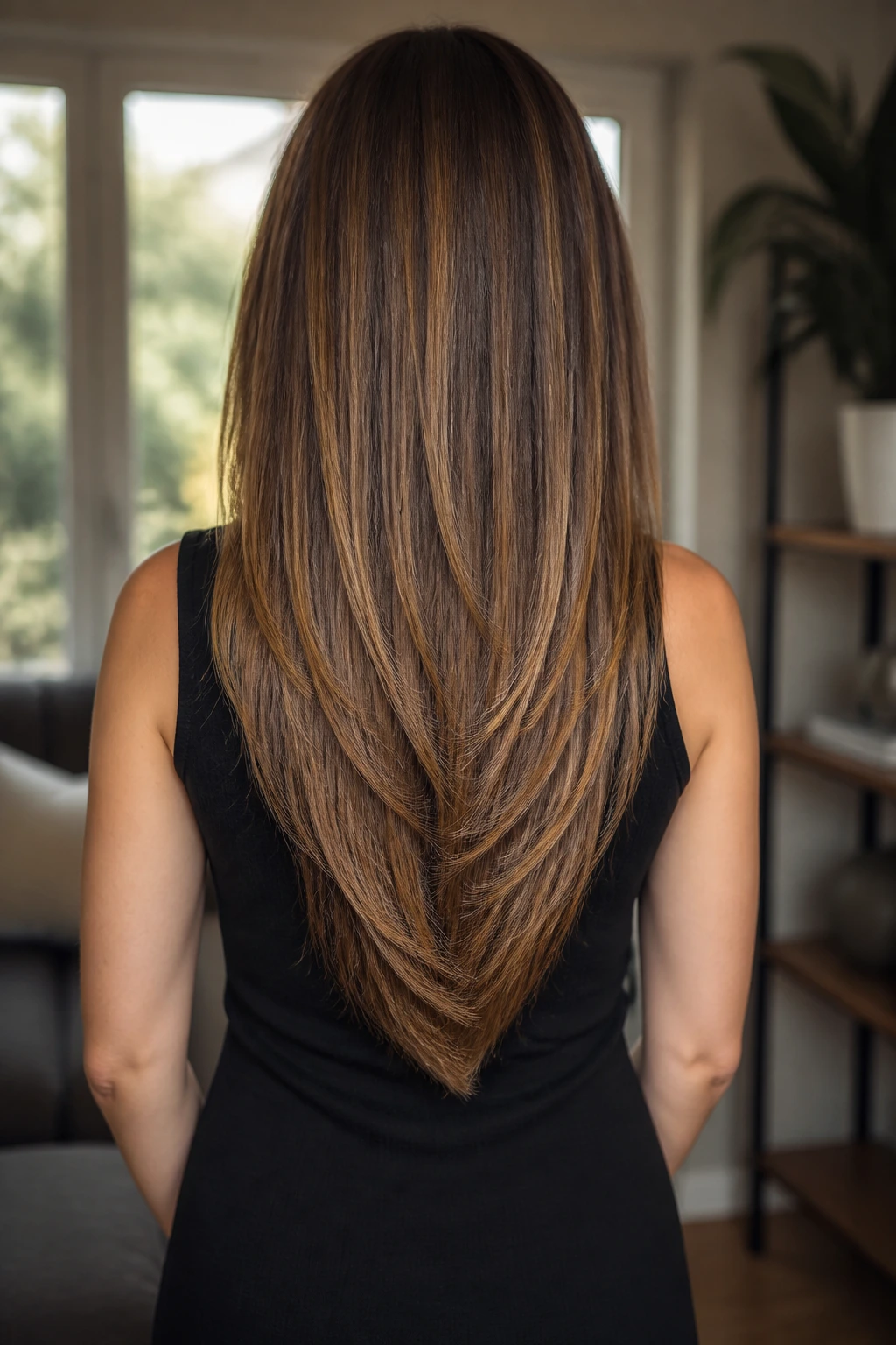 Close-up portrait of a real woman showing a gentle-point V cut at the back
