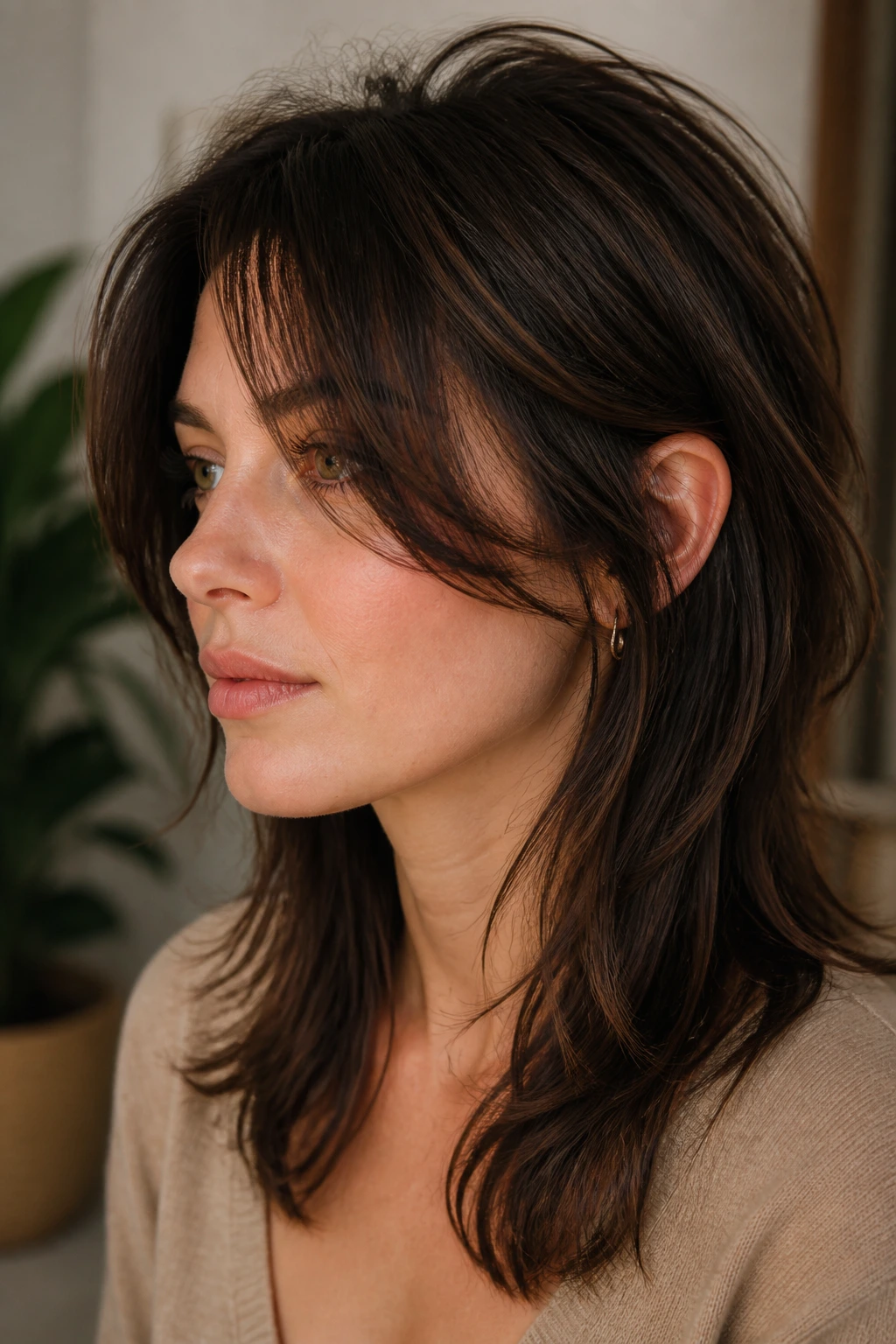 Portrait of a real woman with soft classic wolf cut and long side bangs