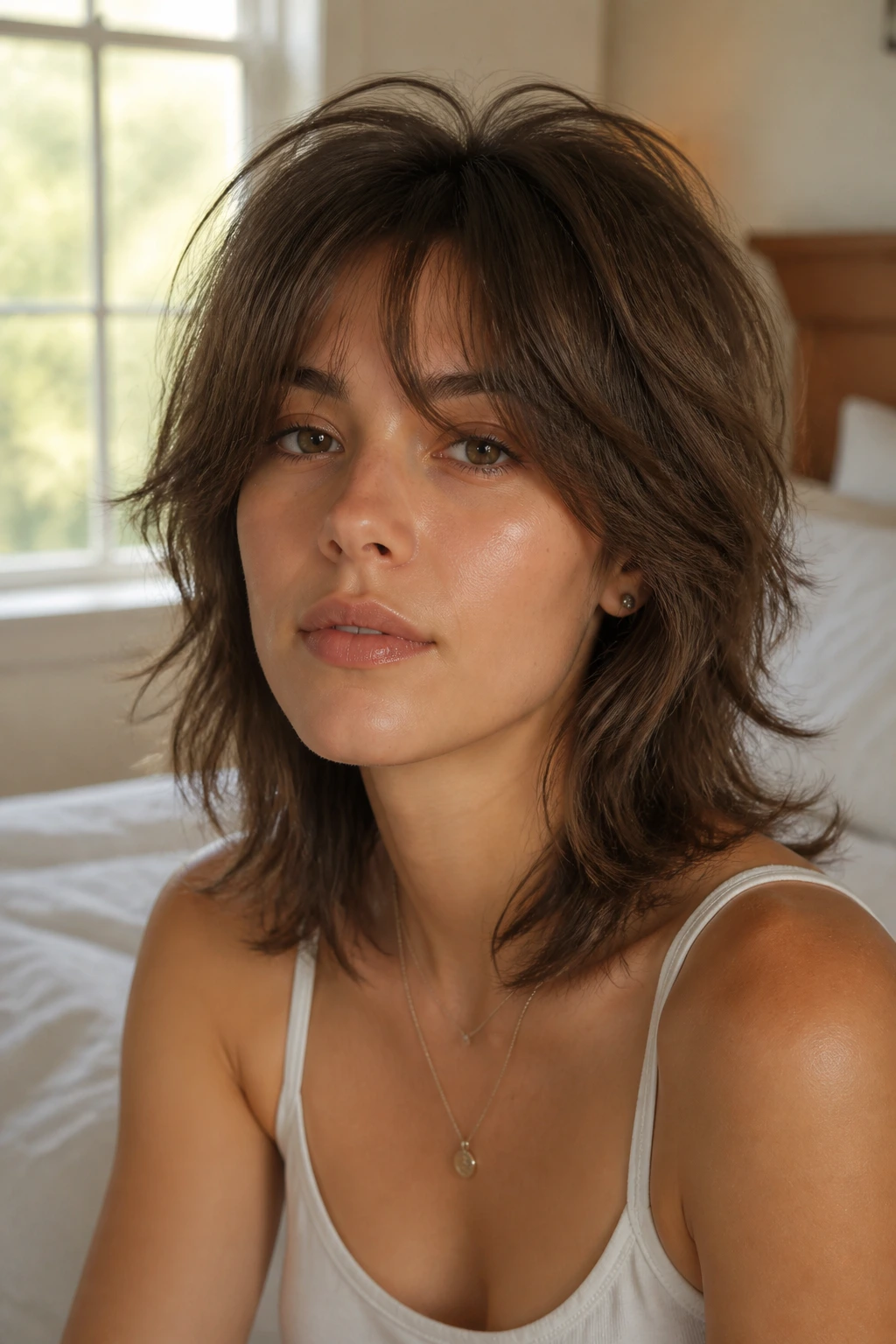 Close-up portrait of a person with soft classic wolf cut at collarbone length
