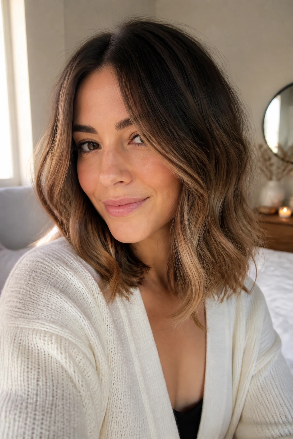 Collarbone-length lob with soft cocoa to caramel ombre in a softly lit bedroom