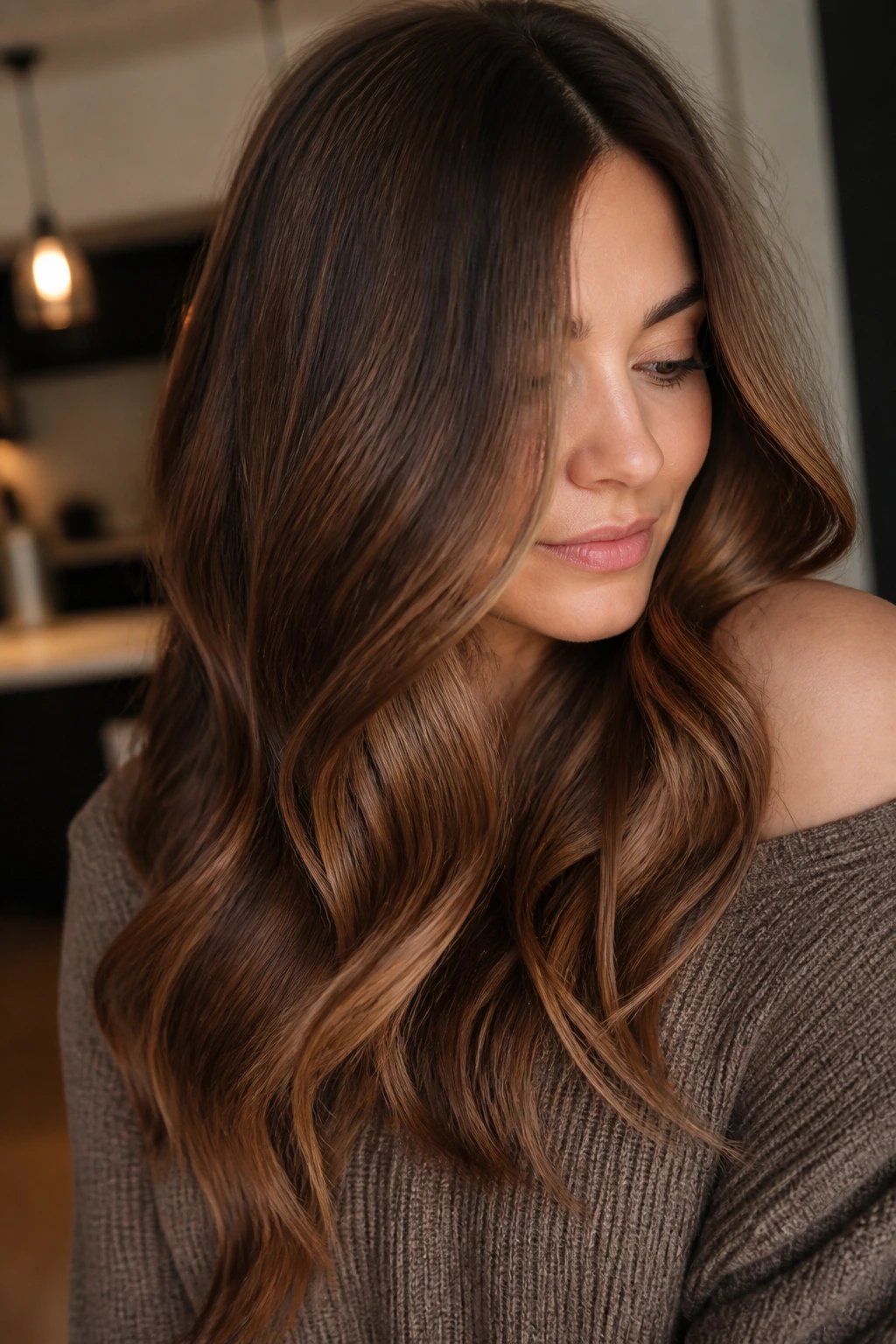 Portrait showcasing soft cocoa chestnut melt with gradient from roots to ends.