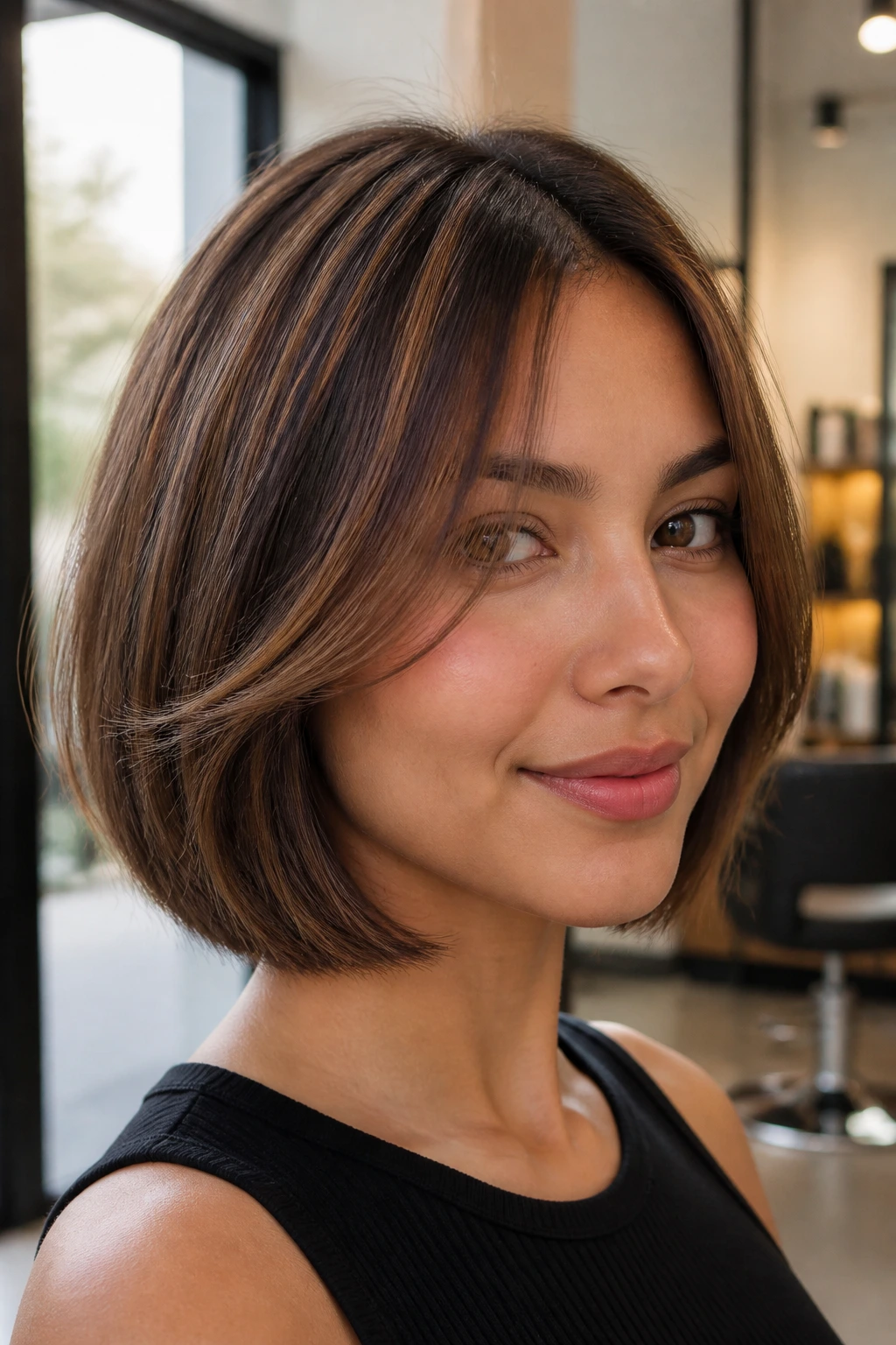 Close-up of a real woman with a soft cocoa ribbon bob in warm lighting