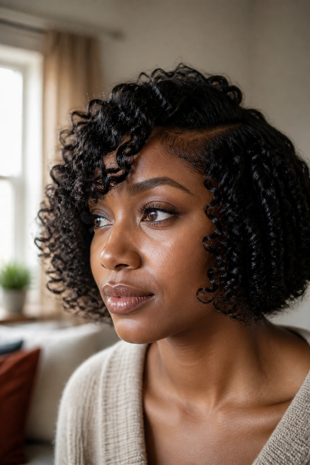 Close-up of a woman with a bob in soft curly mood