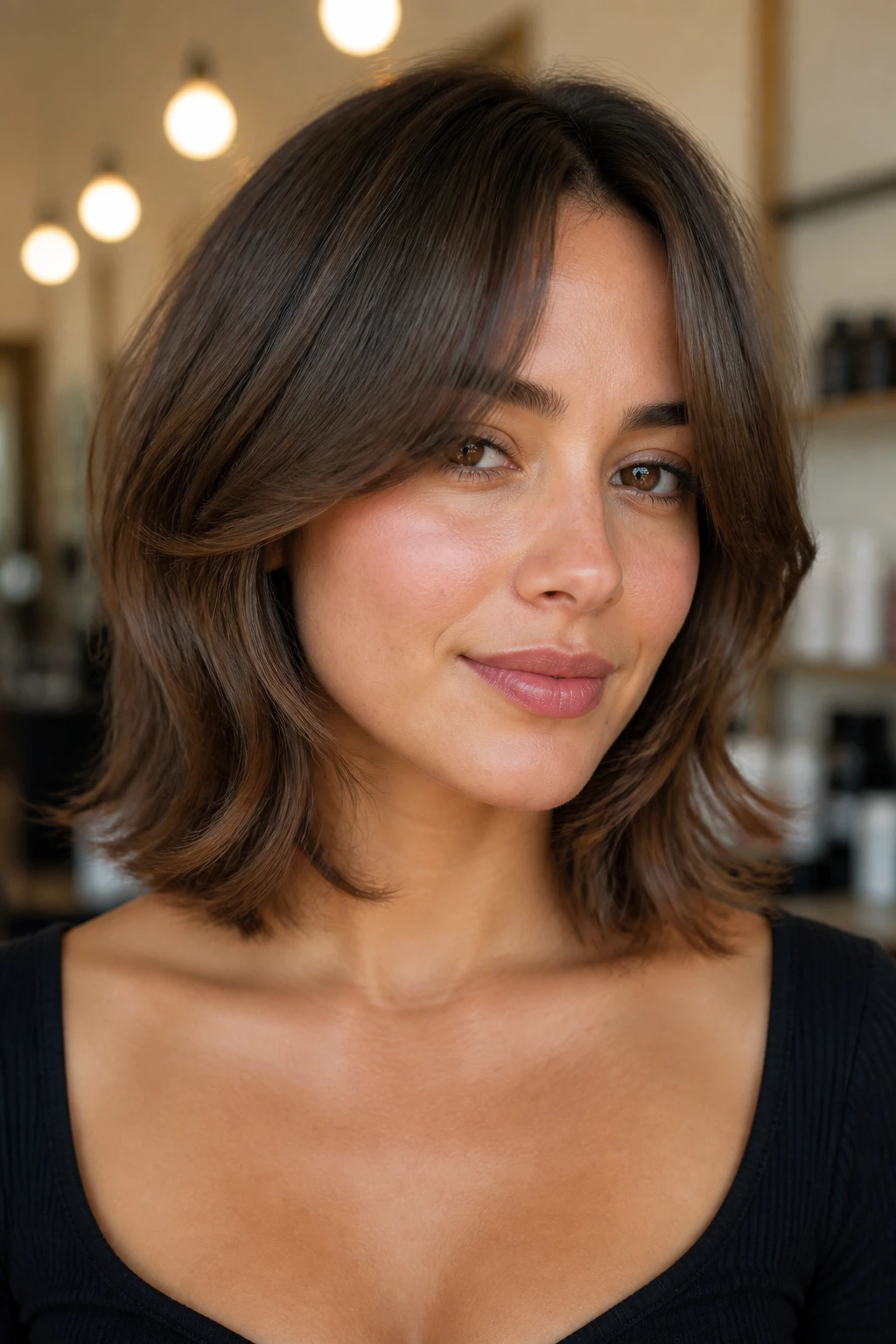 Real woman with collarbone-length butterfly bob and curtain bangs
