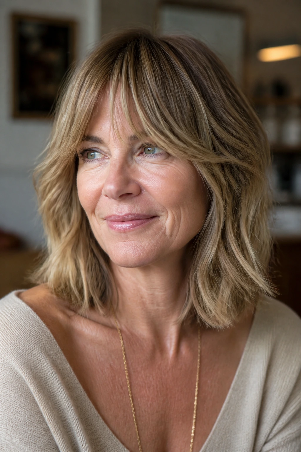 Portrait of a woman with collarbone-length shag and curtain bangs