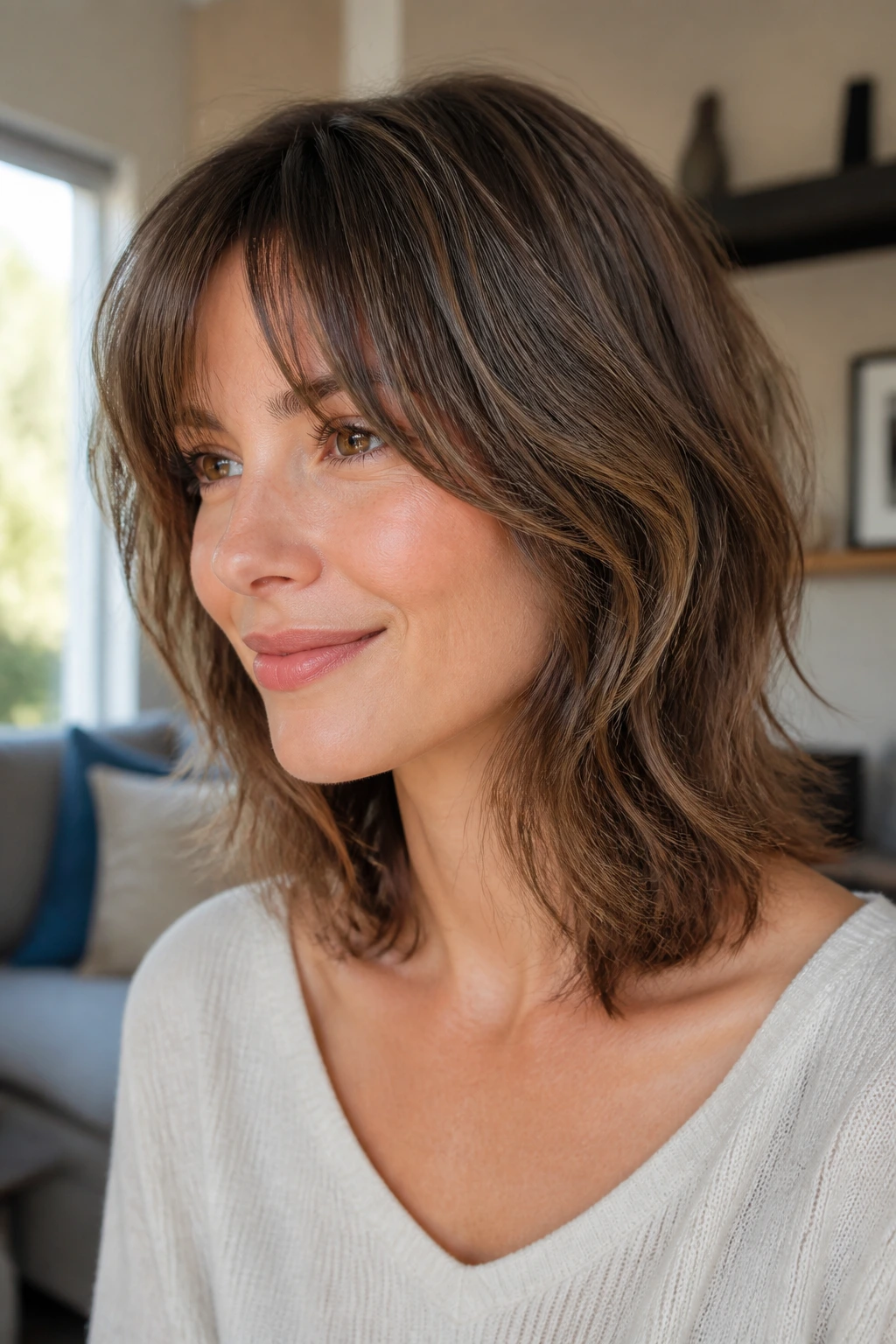Close-up of woman with collarbone-length shag showing soft face-framing layers