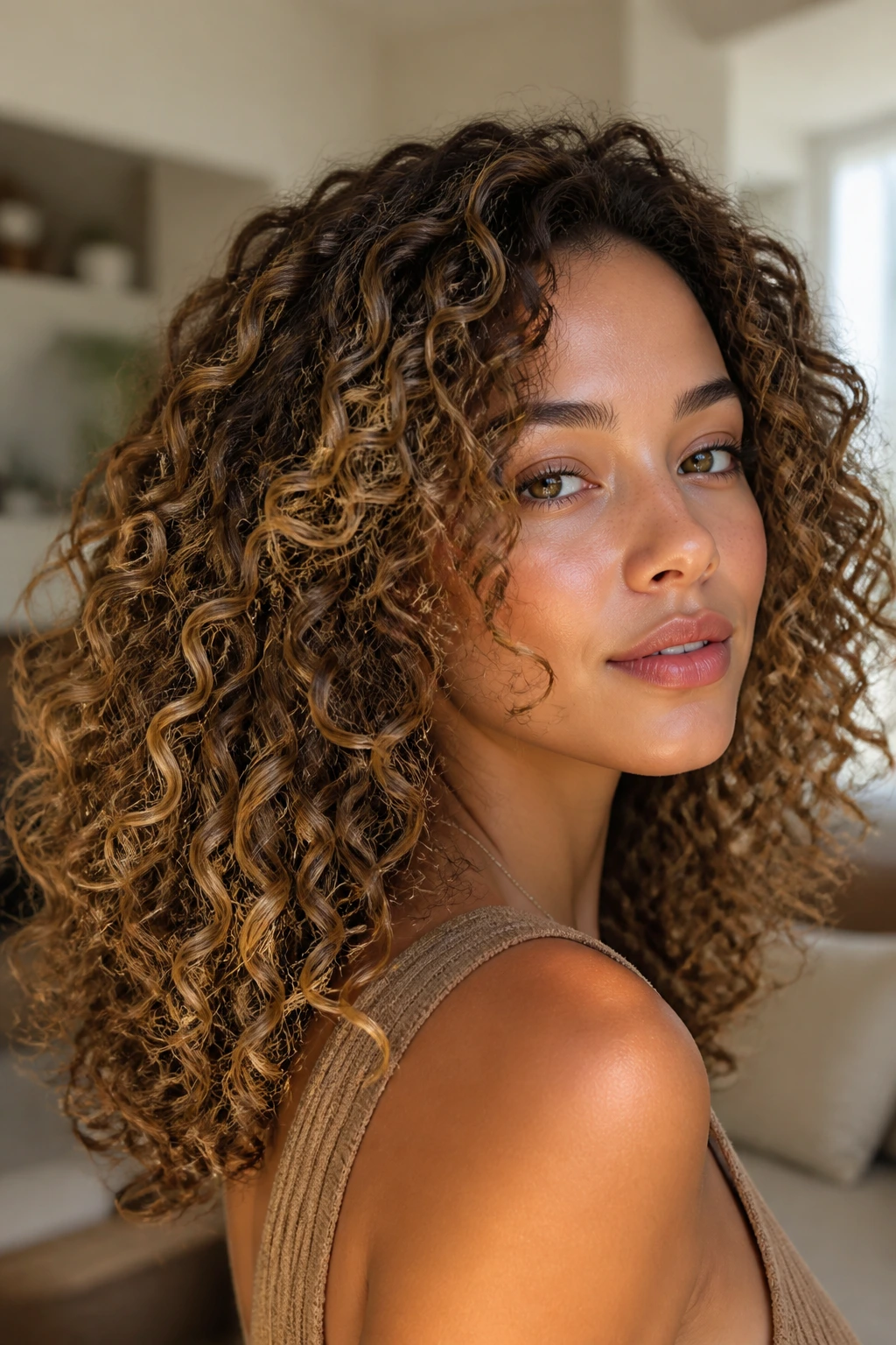 Portrait of a woman with soft-contrasted curly balayage in warm indoor setting