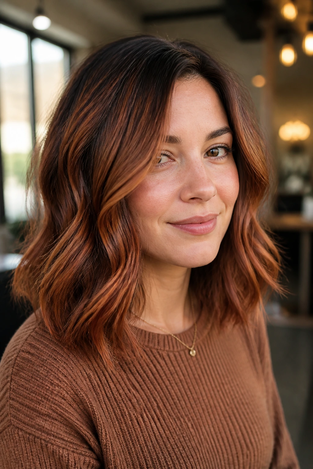 Close-up of warm-toned copper balayage on medium-length hair