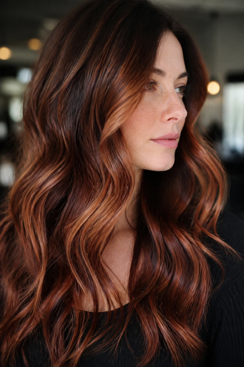 Close-up of long wavy hair with soft copper ribbons on a brunette base