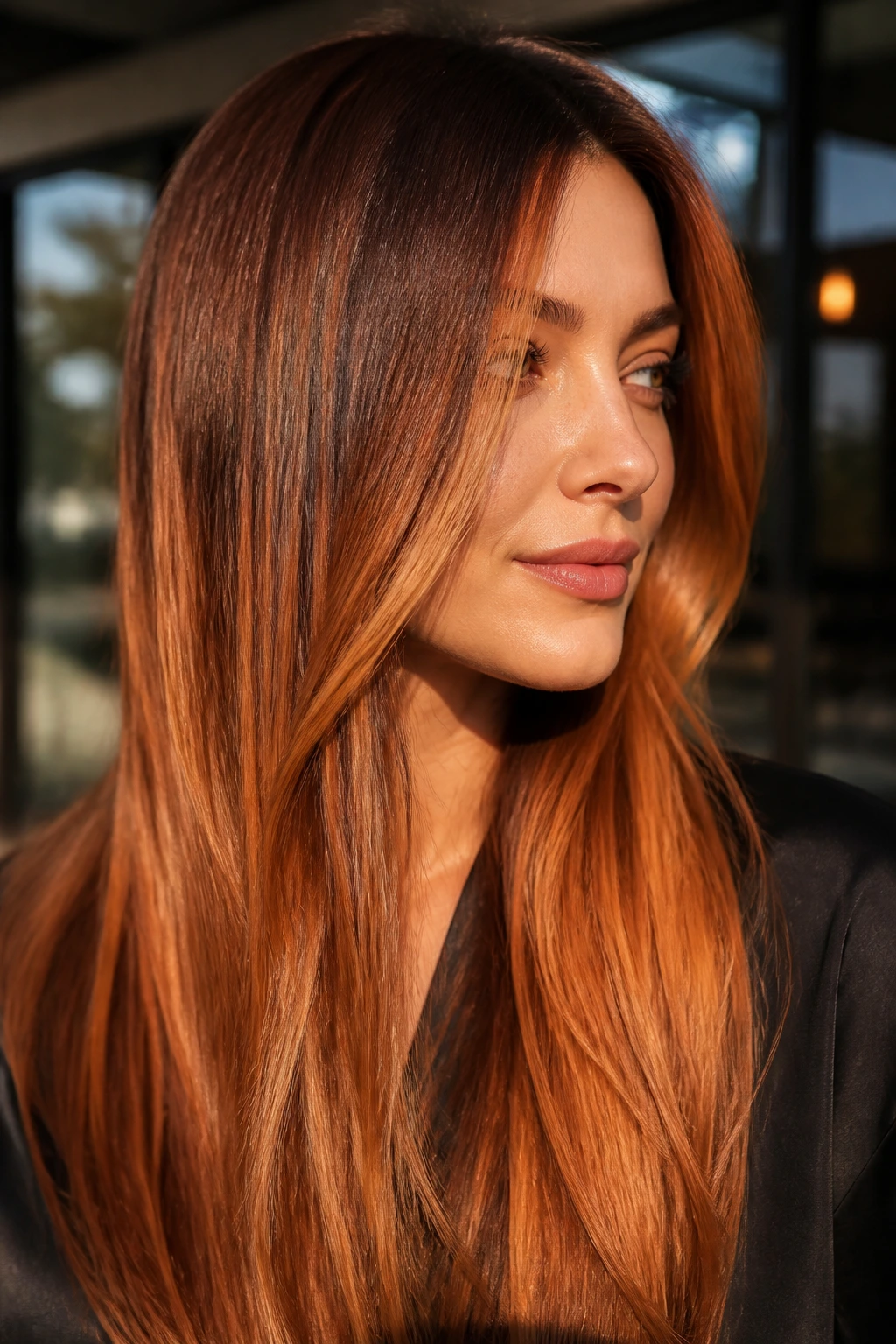 Close-up of a real woman with copper melt balayage on straight hair in natural light