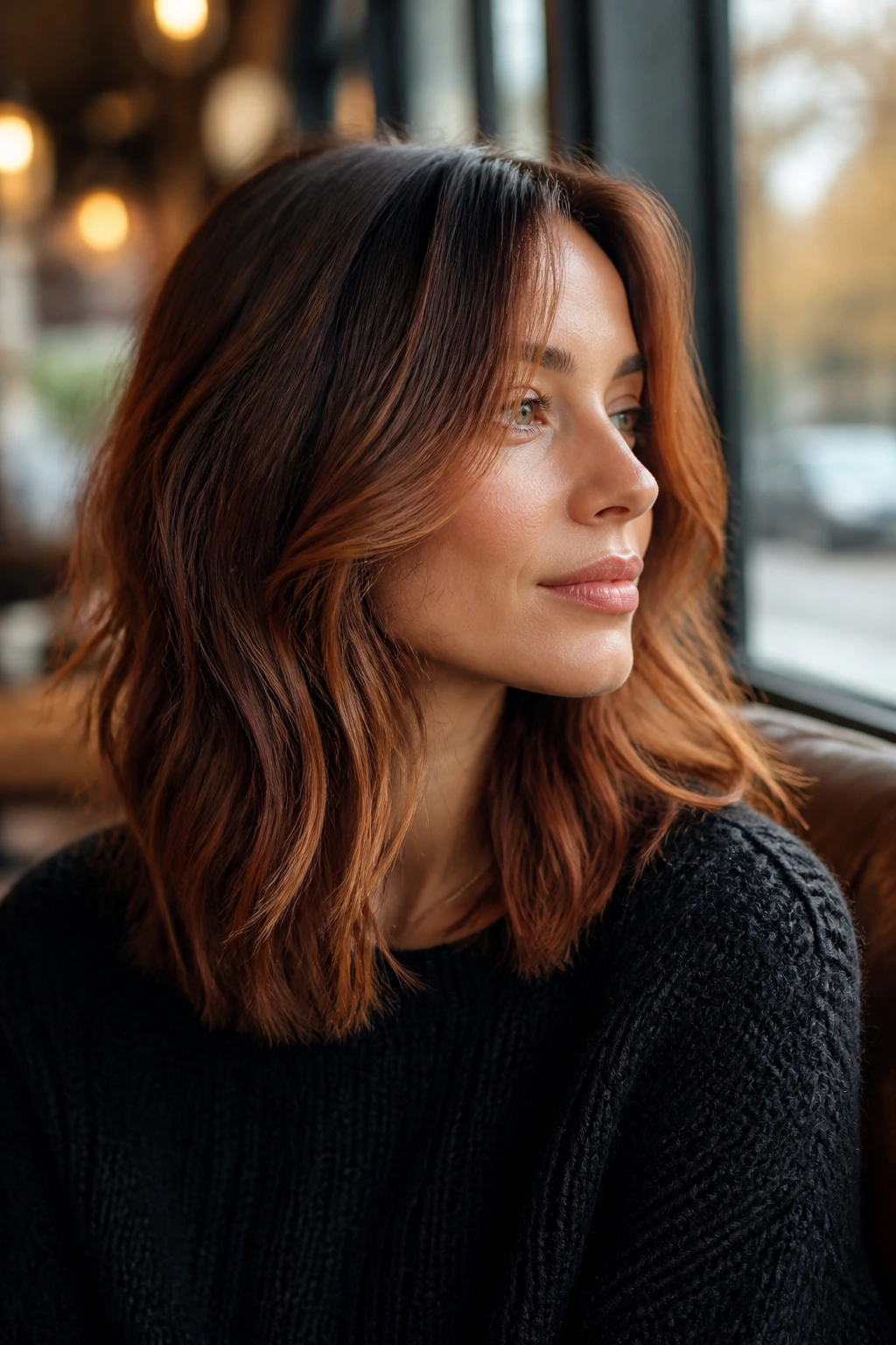 Close-up of a real woman with soft copper balayage veil on medium-length layered hair.