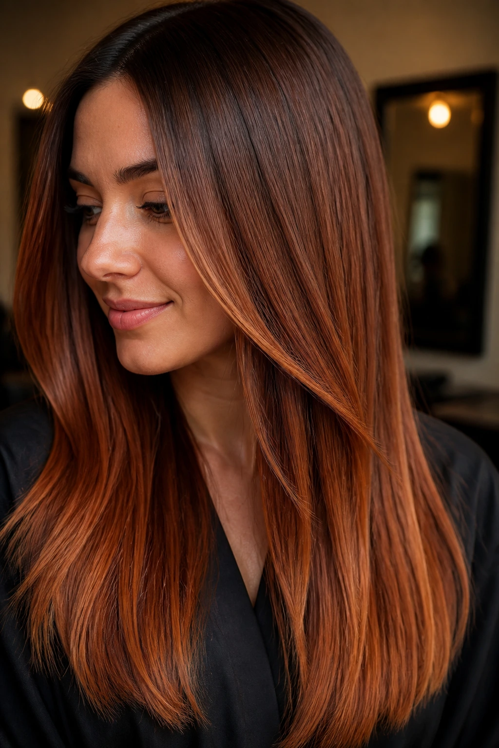 Close-up of real woman with soft copper balayage on straight hair, warm glow.