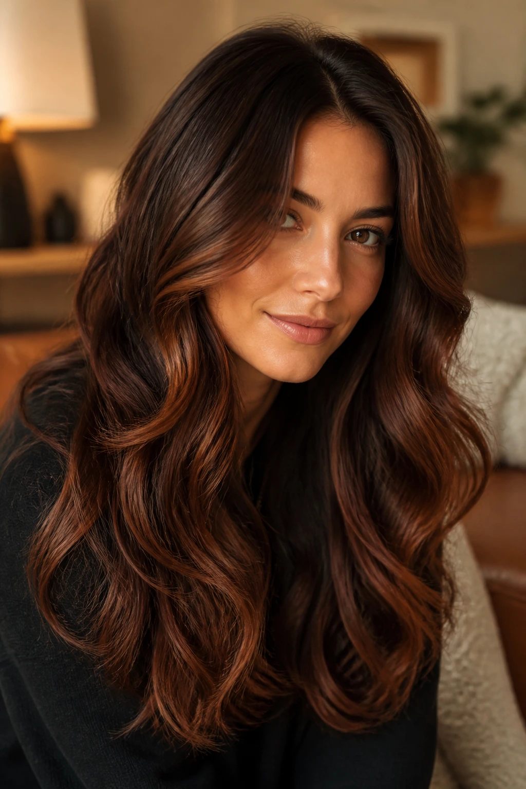 Close-up of a real woman with brown hair and soft copper glow around ends and face