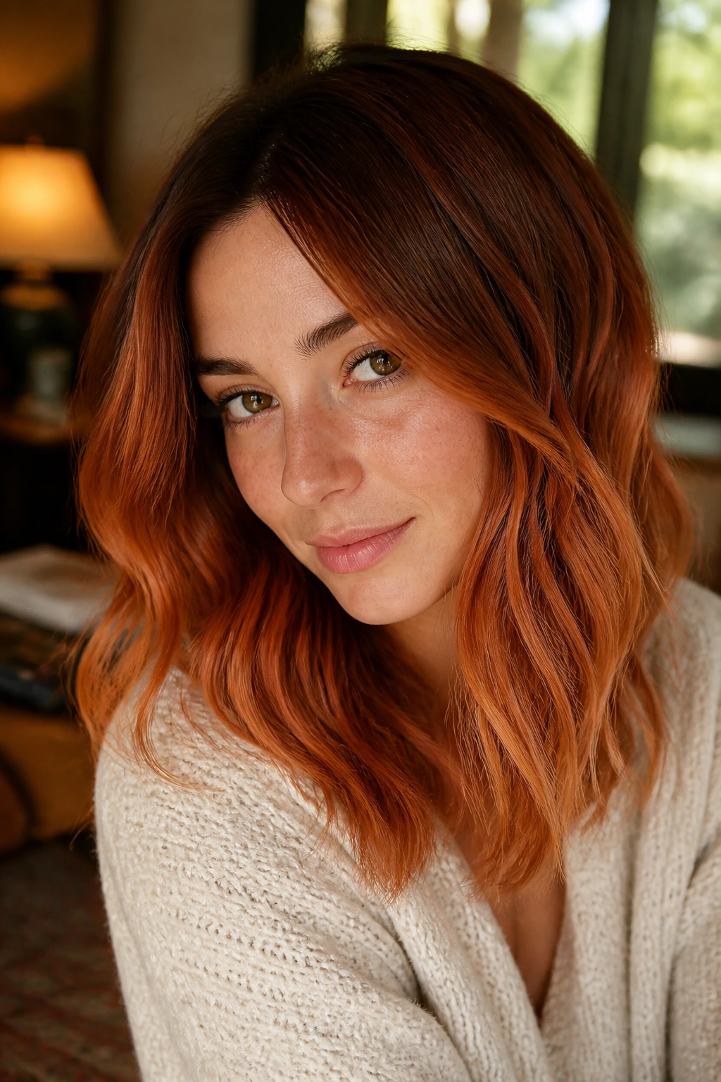 Real person with soft copper cinnamon melt on shoulder-length hair.