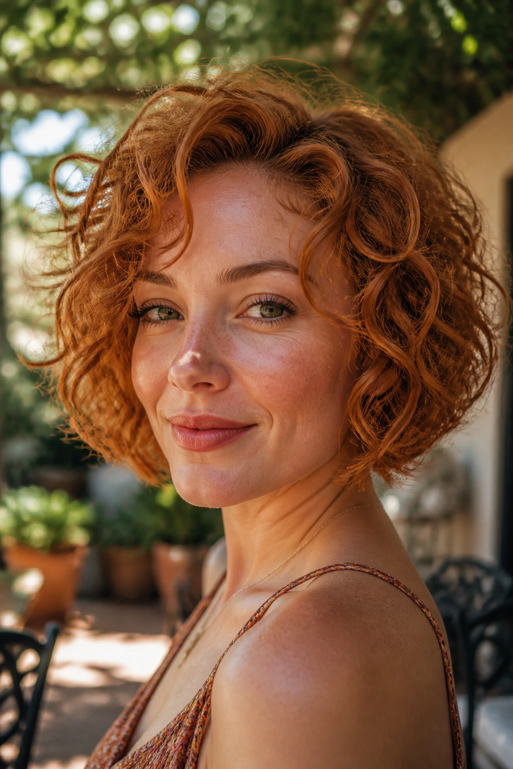 Close-up portrait of a real woman with soft copper curly bob in a sunlit garden