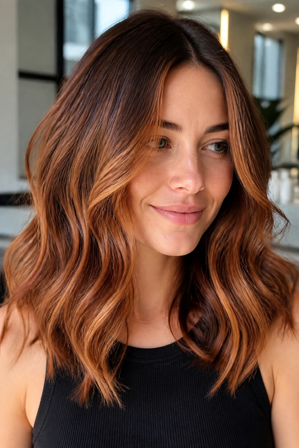 Close-up portrait of a real woman with soft copper foilyage highlights