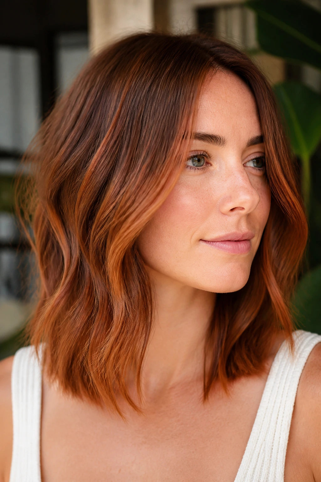 Portrait of medium-length hair with a soft copper glaze framing the face.