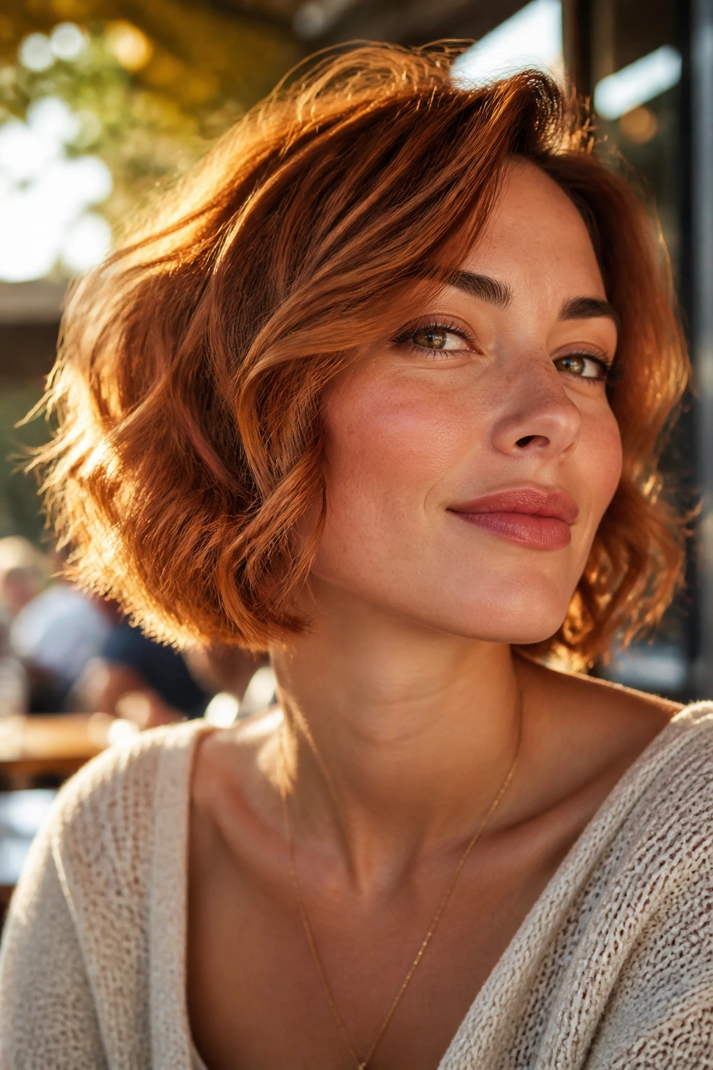 Real woman with soft copper Italian bob lifting cheekbones in warm light