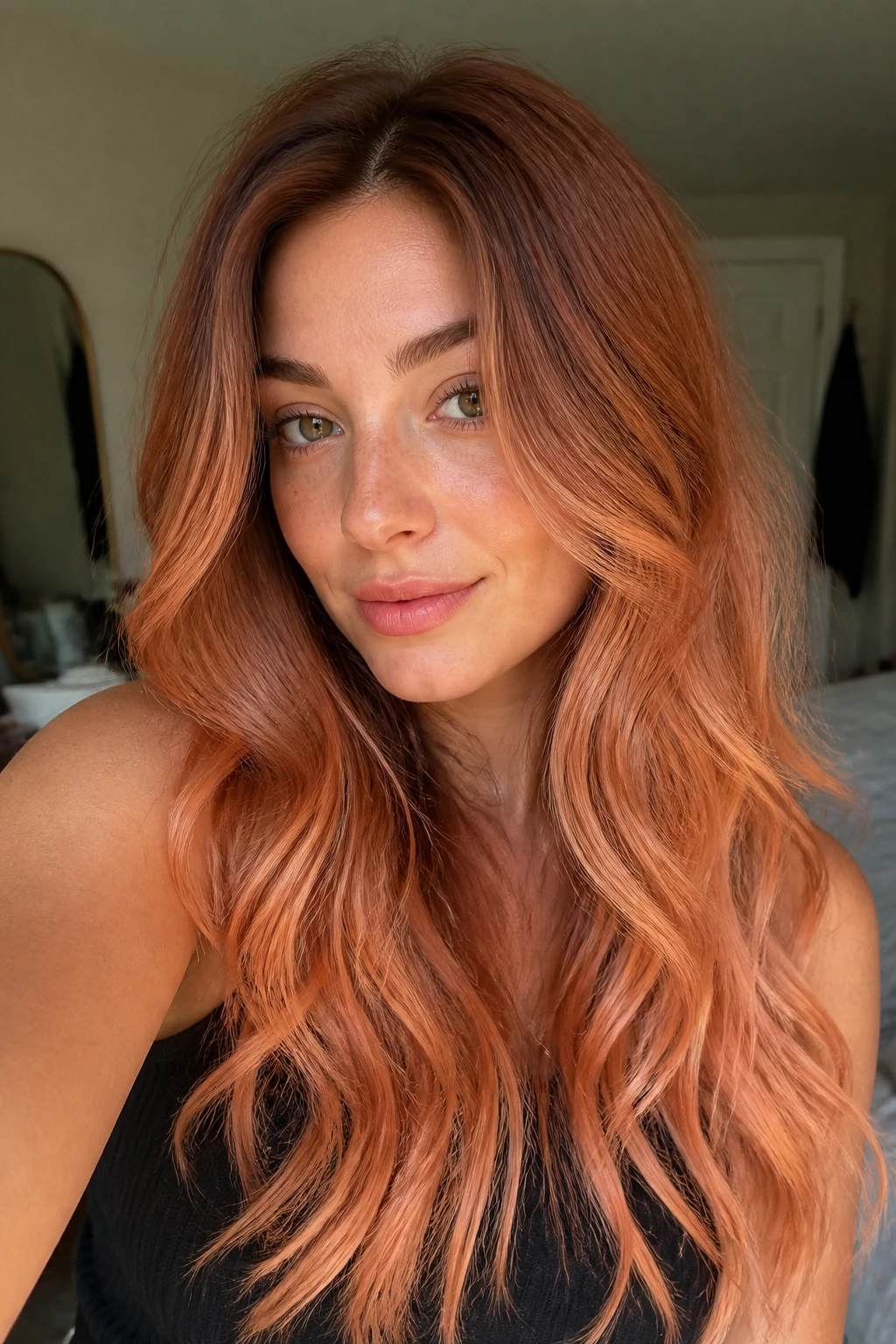 Close-up of long hair showing a soft copper melt gradient from roots to ends on a real person