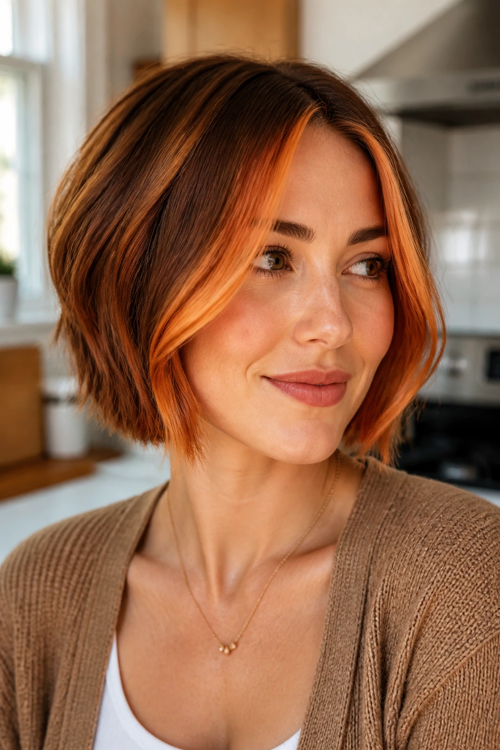 Close-up of a real woman with a soft copper money piece on a short bob.