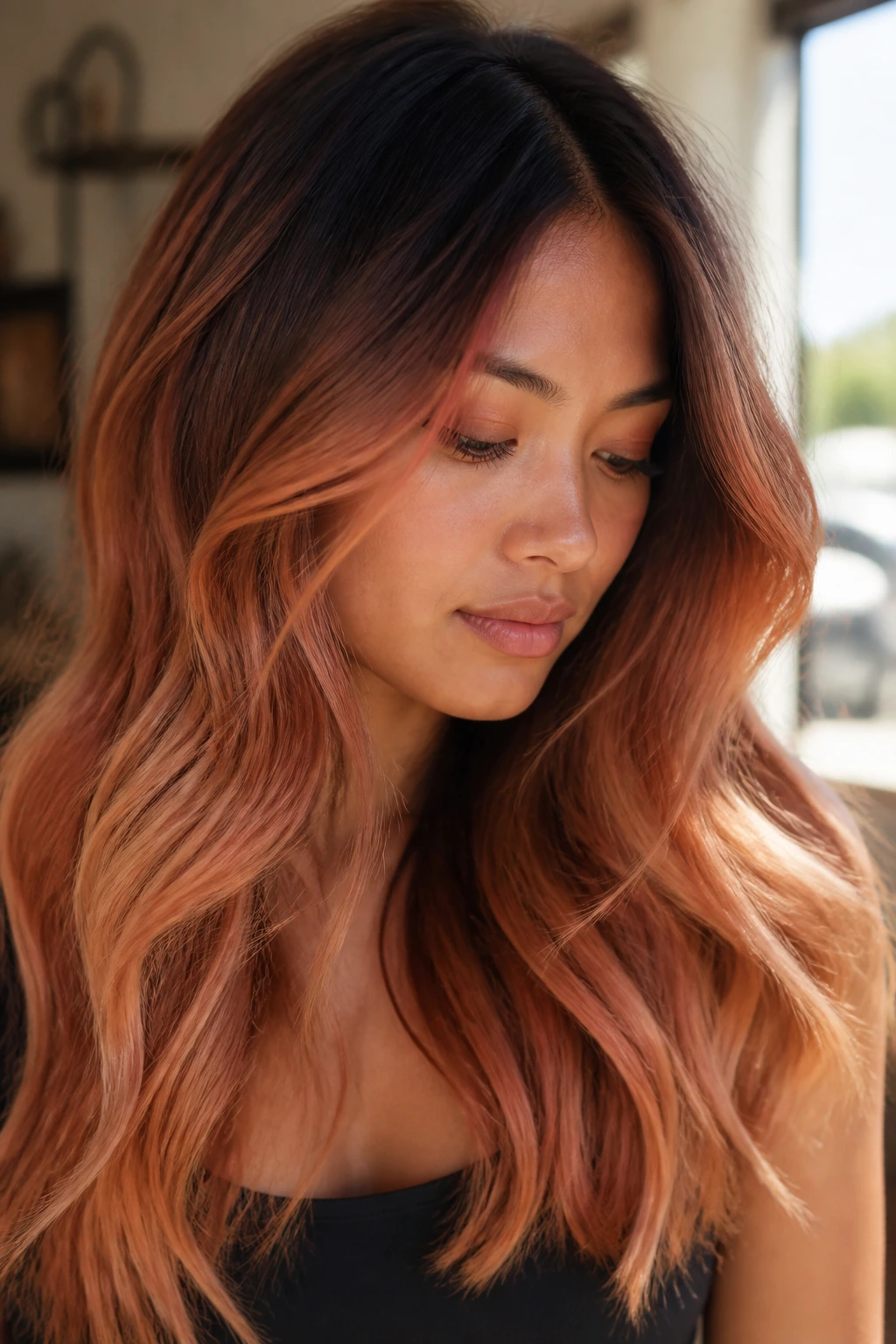 Long hair with soft copper ombre from root to tips, natural light.