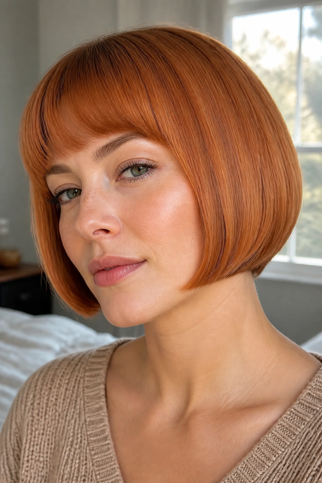 Close-up of a real woman with a soft copper pageboy haircut, rounded ends and warm copper tones