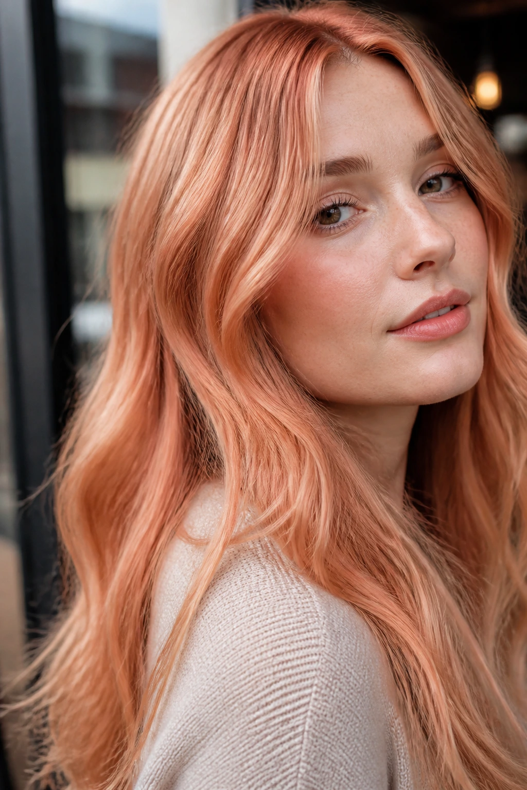 Close-up of a woman with soft copper peach hair in daylight