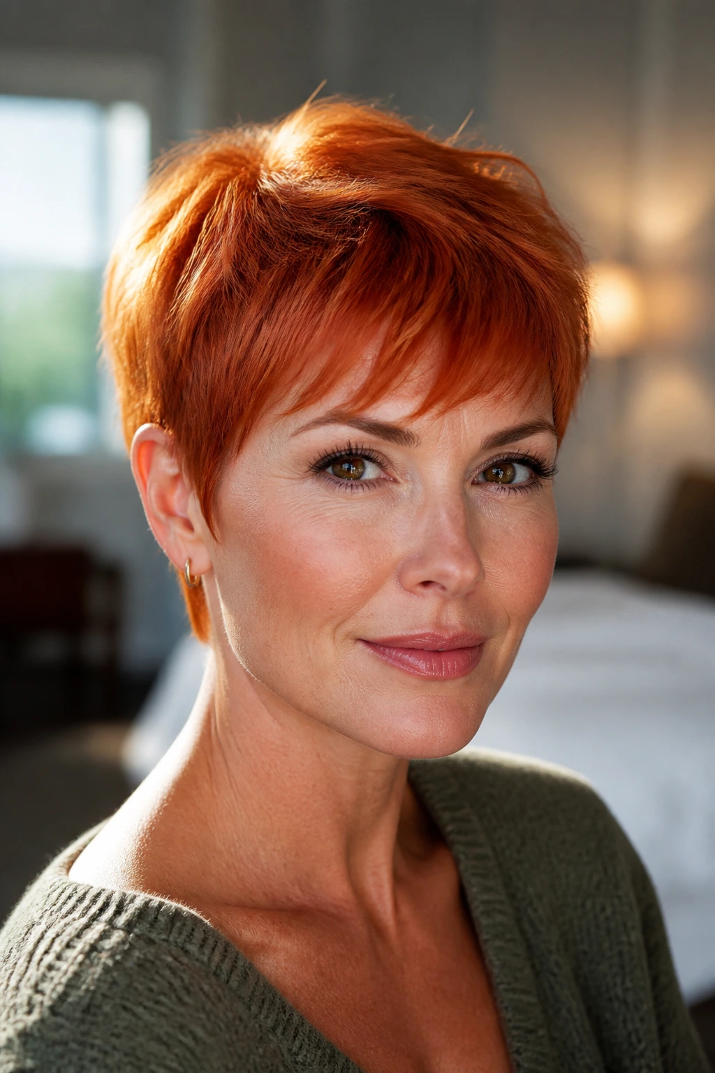 Close-up portrait of a real woman with a soft copper pixie haircut