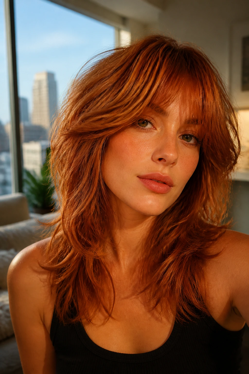Real person with soft copper shag showing internal layers and warmth.