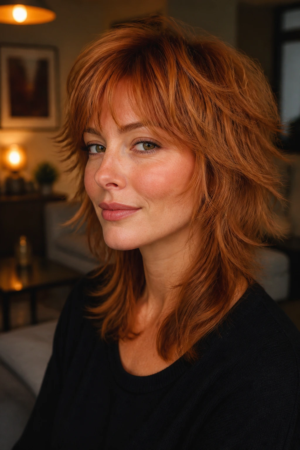 Close-up of real woman with copper shag mullet in warm light