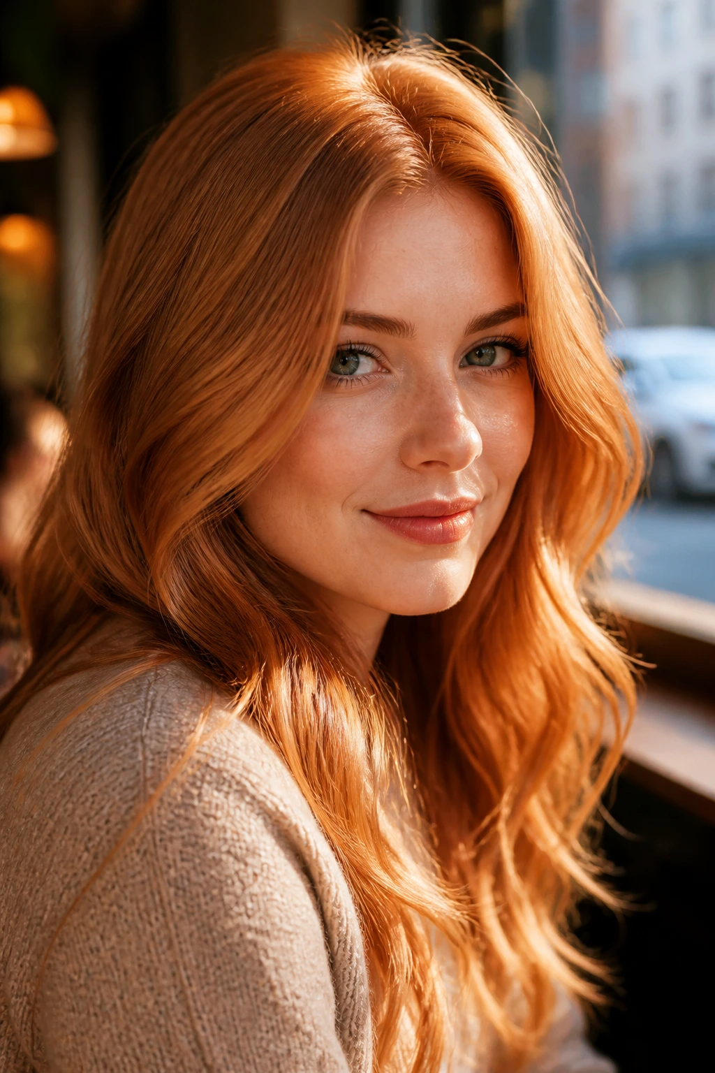 Close-up of a real person with soft copper strawberry blonde hair in a cafe window light.