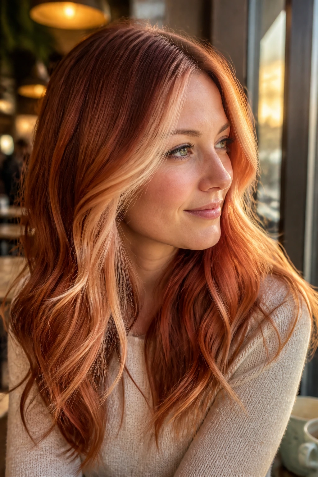 Portrait of a real person with soft copper hair and strawberry blonde panels around the face