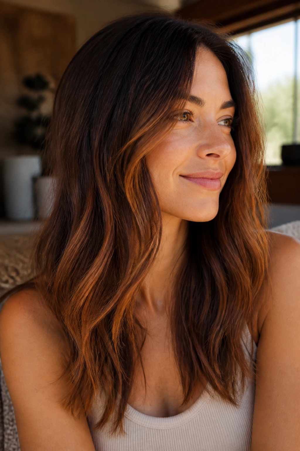 Close-up of a real woman with soft copper veil balayage over brunette base