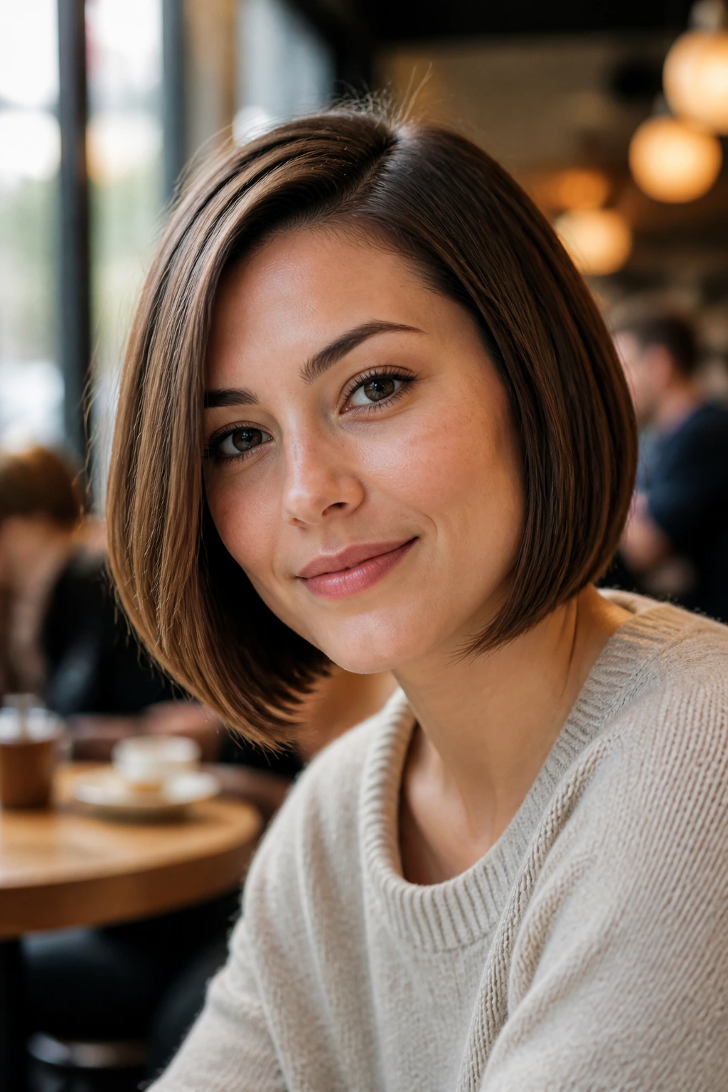Close-up portrait of a real woman with soft-corner bob on square face