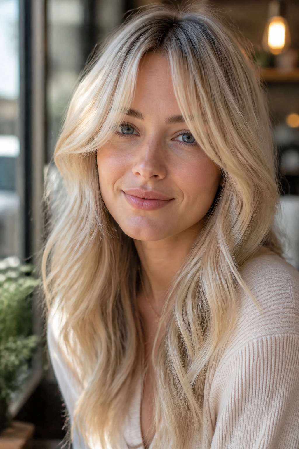 Close-up of a real woman's soft cream blonde with curtain bangs
