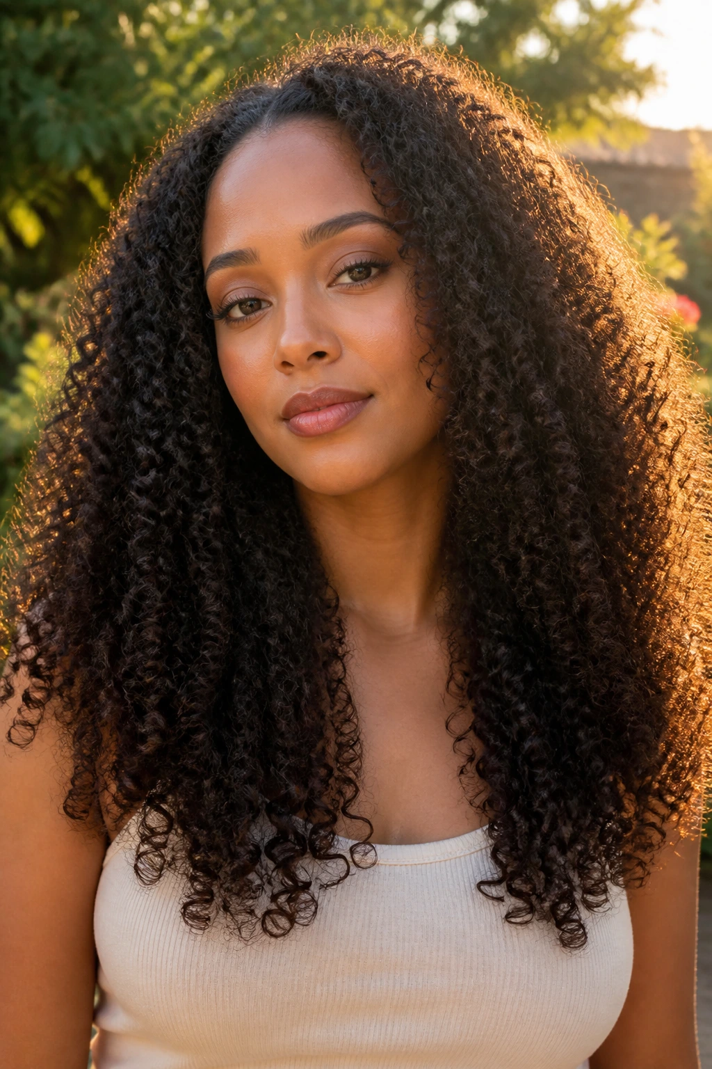 Portrait of a real woman with long crescent-shaped curls