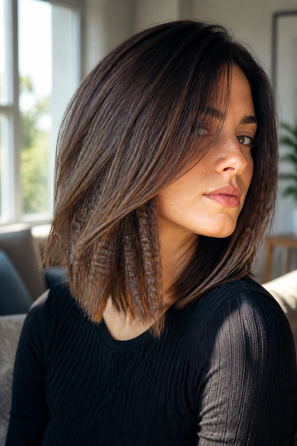 Close-up of a real person with soft crimp-under texture blowout showing hidden under texture