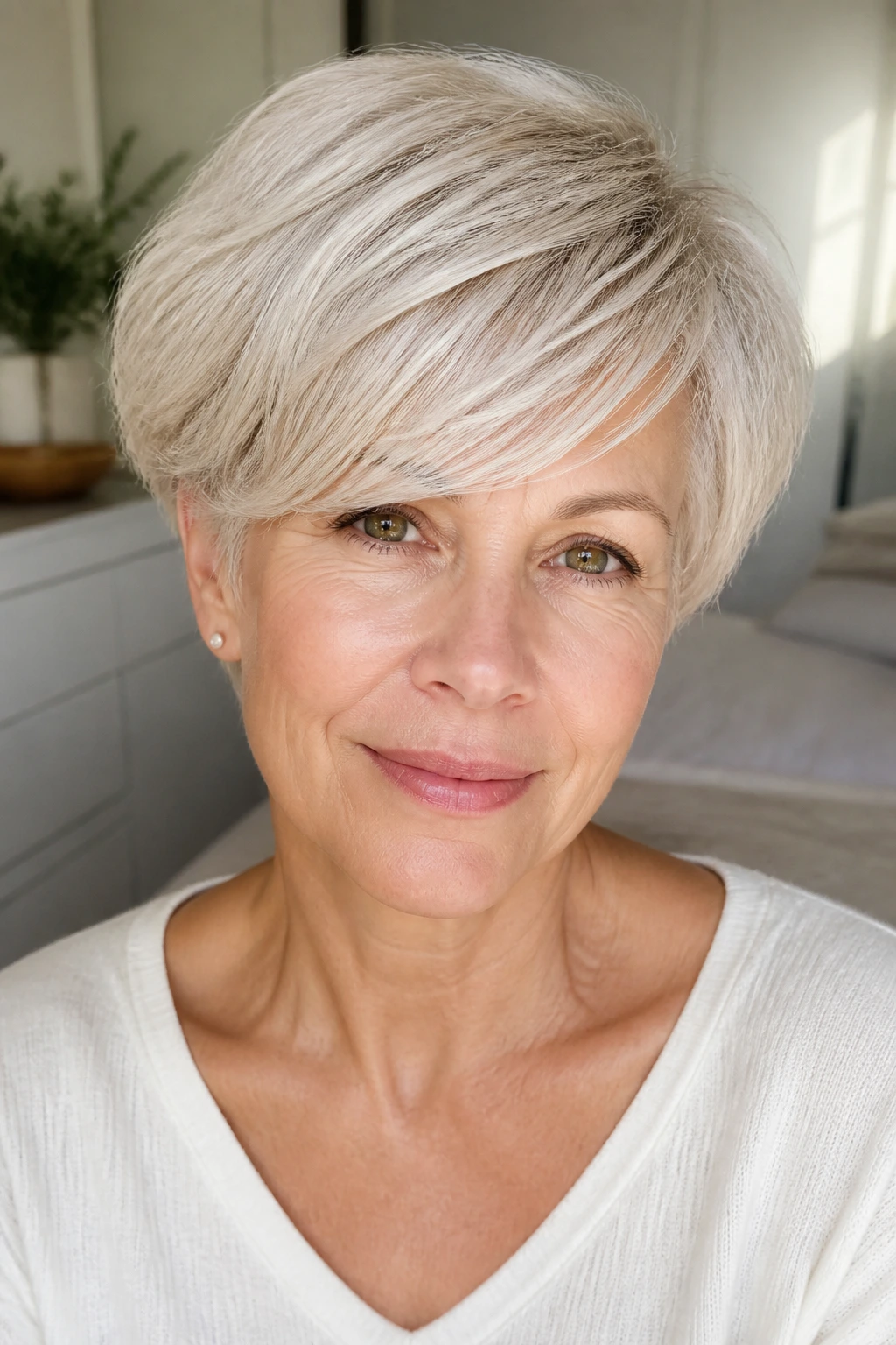 Close-up of a real woman with a soft crop and sweeping bangs in pearl blonde